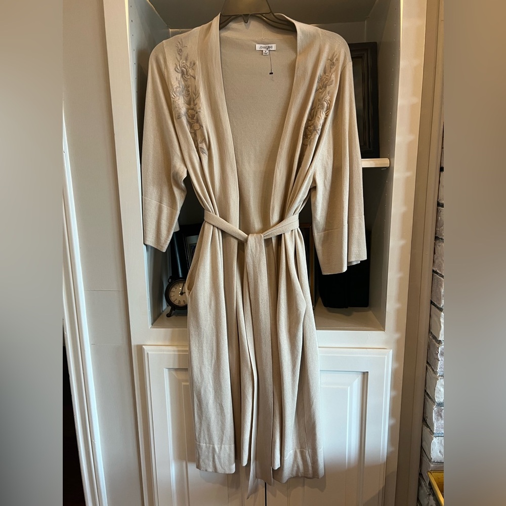 Johnny Was Cashmere Silk Embroidered Long Sweater Wrap Tan Neutral Womens M